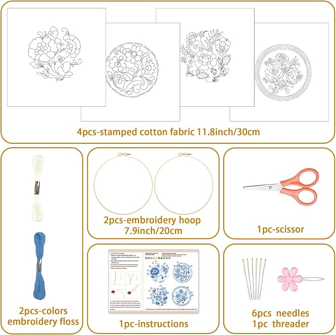 BEUNITONE 4 Set Embroidery Kit for Beginners, Blue Flower Cross Stitch Kits, Needlepoint Kits for Adults with Instructions and Full Kit, Classical Hand Embroidery Patterns for Cloth and Home Decor