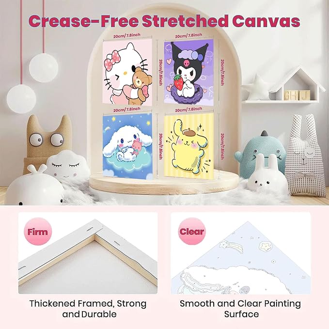 4 Pack Cartoon Paint by Numbers Kit for Kids with Frame Wooden Easel | Cute Kids Paint by Numbers Ages 4 8 12, DIY Acrylic Oil Painting for Home Wall Decor (8x8 inch)