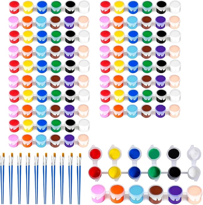 10 Pack Mini Acrylic Paint Set, 12 Colors Washable Paint Strips for Kids & Adults - Includes 20 Brushes (10 Flat + 10 Pointed), kids Paint Kits for Easter Eggs, Birthday, Classroom Party, Art Gifts