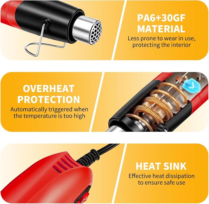 Heat Gun 500W, Handed Hot Air Gun with Nozzle for Crafting and DIY (Red)