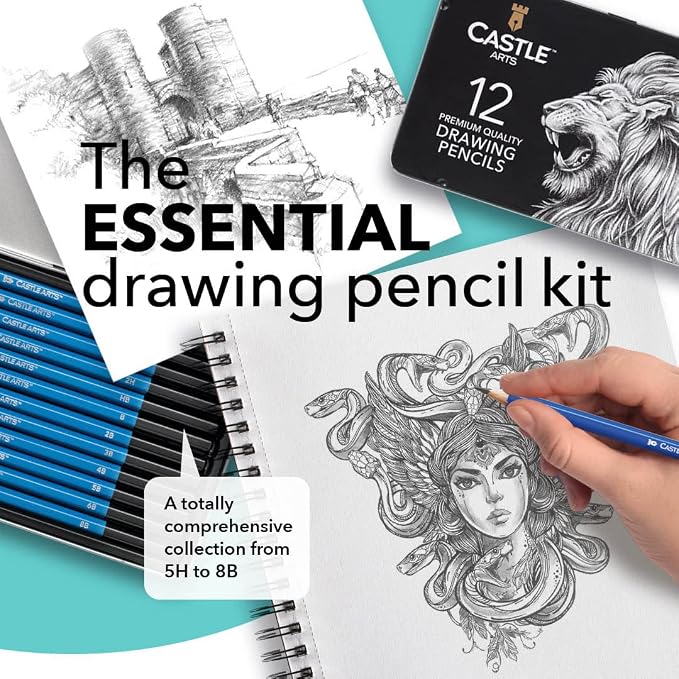 Castle Art Supplies 12 Piece Graphite Drawing Pencils Kit for Adults | For beginner to advanced adult artists - compact, sturdy, attractive metal case with tutorial included, easy to carry