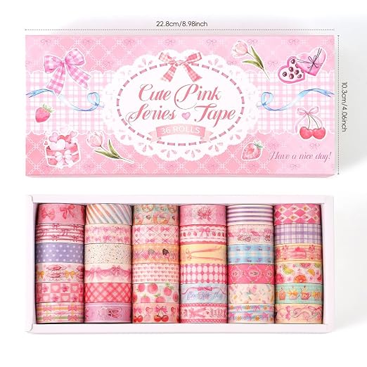 icceemee 36 Rolls Sweet Pink Theme Washi Tape Set with Different Colorful Patterns, Writable Decorative Tapes for Scrapbooking, Junk Journal Supplies, Bullet Journaling, 0.39'' x 79'' per Roll