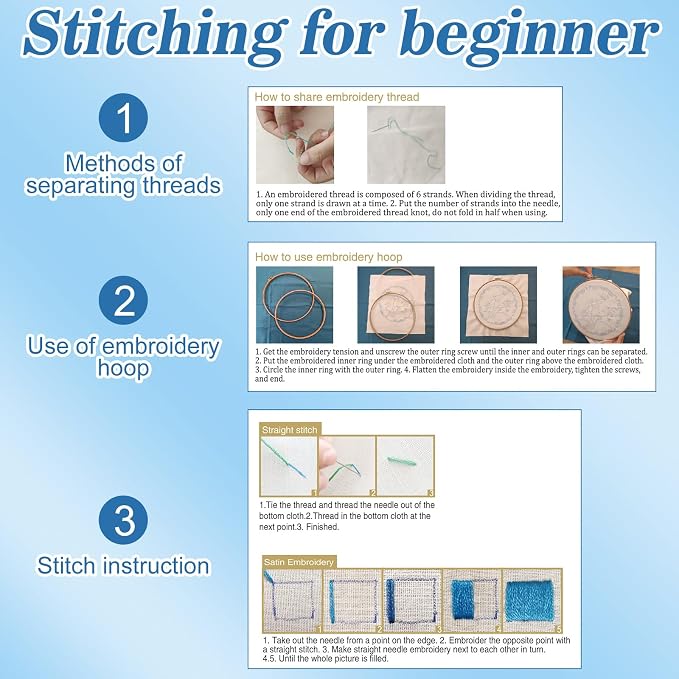Mindsoft 3 Set Needlepoint Kit for Beginners with Hoop,Sea Bird | Bamboo Hoop Thread Needles Instructions, Easy Hand Embroidery for Beginners Home Crafts,Pre-stamped Funny Cute Designs