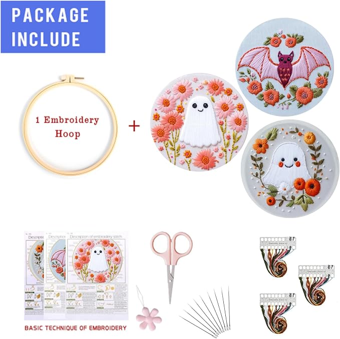 LB Pink Halloween Embroidery Kit for Beginners Adults, 3 Sets Hand Embroidery Starter Kit with Ghost Pattern and Instructions Stamped Cross Stitch Kits Include Embroidery Hoop Needles Threads Scissors