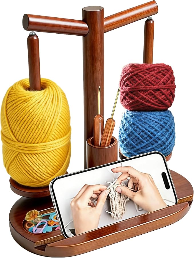 Lemosyu Wooden Yarn Holder for Crocheting, Magnetic Rotating Yarn Spinner | 360°Rotation, 2 Spindles, Phone Stand, Crochet Accessories Organizer for Knitting, Gift for Knitters Women Mom Grandma Wife