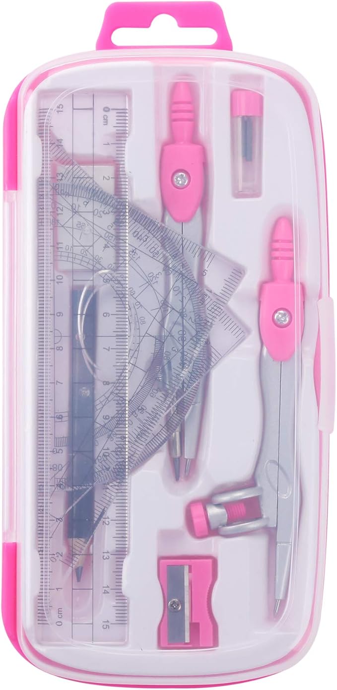 Unjoo Math Geometry Set 10 Pcs, Compass and Protractor for Students (Pink) | Shatterproof Storage Box,Rulers,Protractor,Compass,Eraser,Pencil Sharpener,Lead Refills,Pencil,for Classroom, Back to School