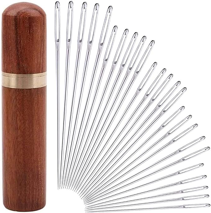 25Pieces Hand Sewing Big Eye Needles Sharp Needle，with Solid Wood Needle Case for