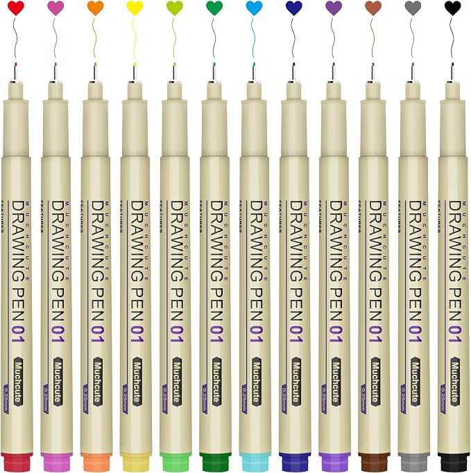 Muchcute 01 Micro Fineliner Drawing Art Pen,12 Colors 0.25mm No Bleed Bible | Waterproof Colored Fine liner Smooth Extra Fine Point, Journal Zentangle Study Supplies, Ultra Line Needle Tip Thin Gel Felt