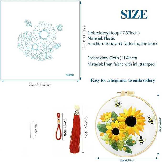 Zhenqing Sunflower Embroidery Kit 3 Designs | 11.4"x11.4" Beginner-Friendly Hand Embroidery Set with Hoop & DMC Threads | DIY Home Wall Decor, Mindful Gift for Mothers Day C0005