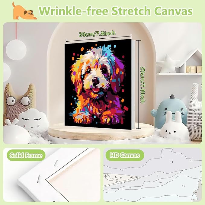 cviokrdu Dog Paint by Numbers Kit for Kids with Frame - Wooden Easel, Animals Paint by Numbers for Kids Ages 4 8 12, Easy Acrylic Oil Painting Kits for Home Wall Decoration 8x8 inch