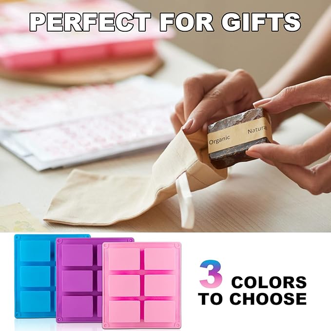 LERYKIN 3 Pack Silicone Soap Molds, 6 Cavities Rectangle Silicone Mold, Great for Homemade Craft Soap Mold, Chocolate, Cake Molds ＆ Ice Cube Tray - Just Pop Out（Pink & Blue & Purple）