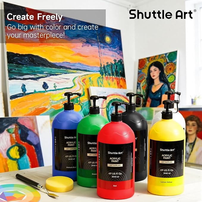 Shuttle Art 6 Colors Acrylic Paint Set, 69oz/2040ml Large Capacity Pump Bottles, Rich Pigments, High Coverage Paint, Fast Drying, Non-Toxic, for Canvas Wood Ceramic Rock Painting & DIY Crafts