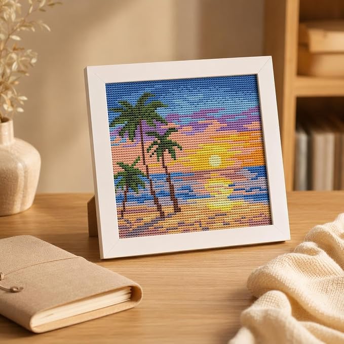 WUSARPLY Sunset Landscape Stamped Cross Stitch Kits for Adults with Framed | Beach Palm Tree Needlepoint Counted Cross Stitch Kits for Beginners Adults with Framed Embroidery Kits Arts and Crafts
