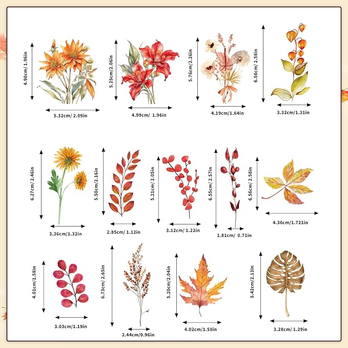 80 Pcs Fall Stickers Natural Autumn Scrapbooking Stickers Transparent Flower Sticker Pack for Scrapbooking Supplies Water Bottles Laptop Journals Phone Cases Notebooks DIY Decor