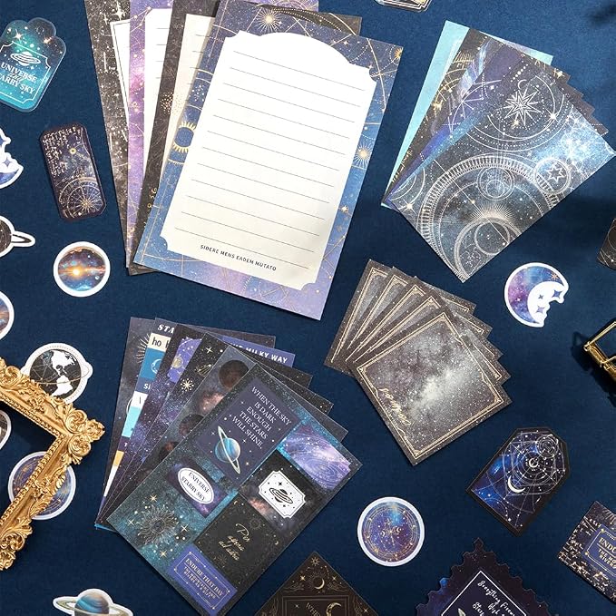 icceemee Scrapbooking Supplies Kit, Blue Starry Sky Scrapbooking Kit for Bullet Junk Journaling, Stationery, A6 Grid Notebook, Flower DIY Journaling Supplies, Birthday Craft Gift for Teen Girls