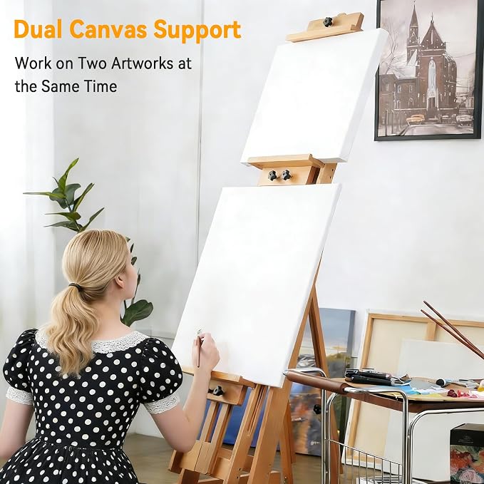 PHOENIX Versatile Studio H-Frame Easel Solid Beech Wood Artist Stand with Locking Caster Wheels- Adjustable Angle & Height – Heavy Duty Large Canvas Holder with Storage Tray for Professional Artists