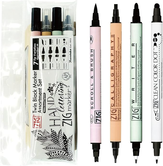 Kuretake ZIG Twin Marker BLACK 4 Assortment set for Hand Lettering, Calligraphy Art, Illustration, Journaling, Cartooning, AP- Certificated, Made in Japan