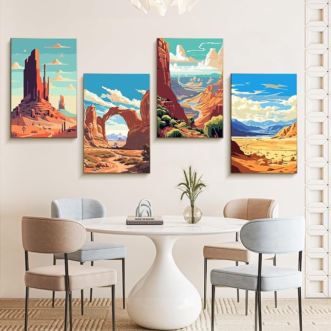 4 Pack Framed Paint by Numbers Kit for Adults with Wooden Easel, 8x12 Inch | National Park, Easy DIY Acrylic Canvas Craft Kit with Frame for Beginners, Home Decor, Stress Relief Relaxing Hobby Gift