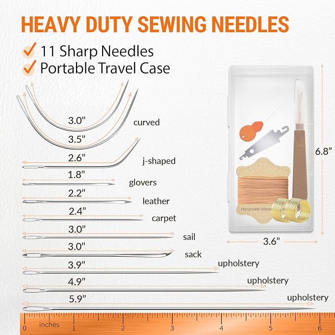 VONEEDL Upholstery Repair Kit: Waxed Sewing Thread (Ligth Brown Color) & Heavy Duty Needles (11 PCS) for Leather, Canvas & Quilting Thread