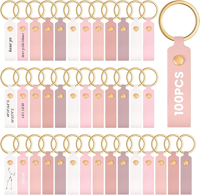 Wavyknot 100 Pcs Leather Keychain Blanks, 3.7 x 0.7 Inches, Pink Series