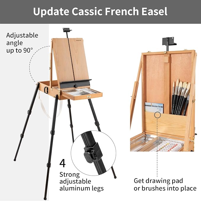 Falling in Art 4 Legs Portable Beechwood French Easel, Natural | Plein Air Easel with Bigger Storage Drawer, Full Size Sketchbox Travel Easel for Painting, Drawing, Artwork