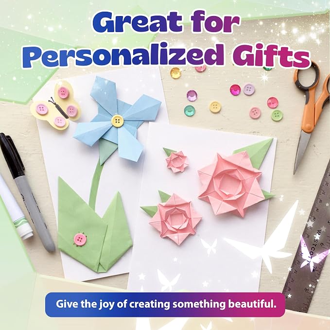Pinwheel Crafts Flower Origami Kit for Kids Ages 8-12, 150 Pcs Spring Color | 100 spring color folding sheets, 20 chenille stems, 30 buttons and gems, booklet, makes 3D paper flowers, gift for girls