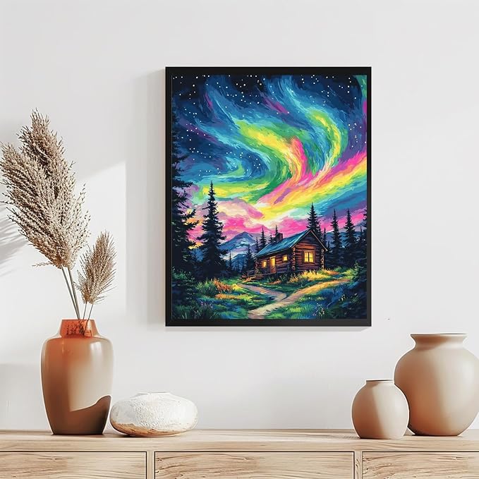 Aurora Paint by Numbers Kit for Adults Beginner,Wooden House Adult Paint by Number Kits on Canvas with Frame,Night Sky DIY Acrylic Oil Painting by Numbers Kits for Home Wall Decor 9.5x11.8 inch