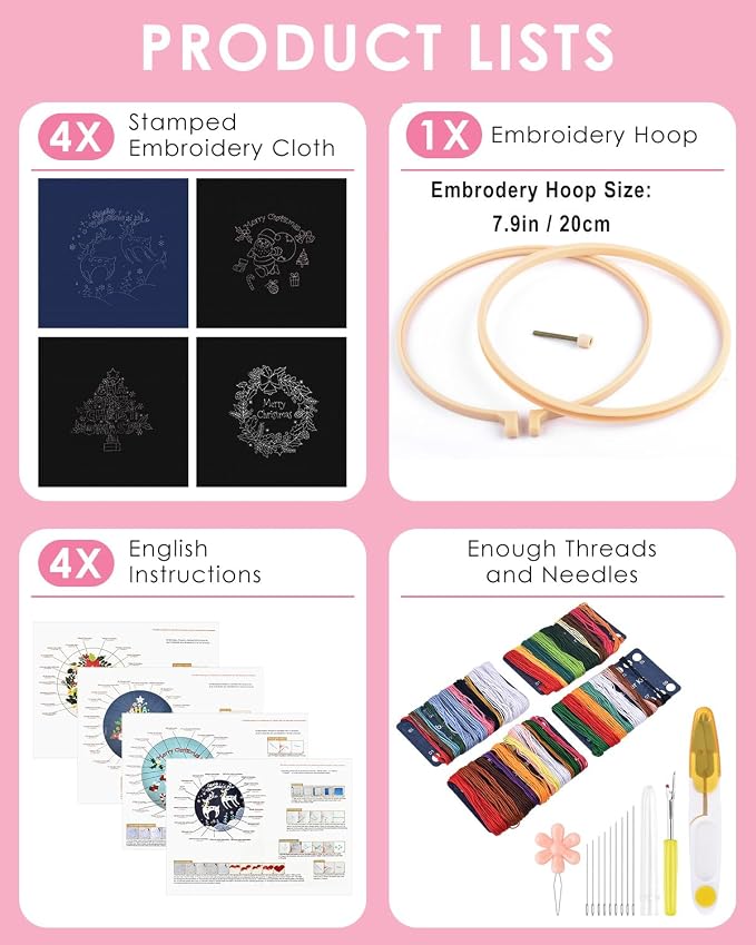 TINDTOP Christmas Embroidery Kit for Adult, Embroidery DIY Starter Kit | 4 Pack with Stamped Patterns, Hoop, Tools, Colorful Threads with Needles, Instructions