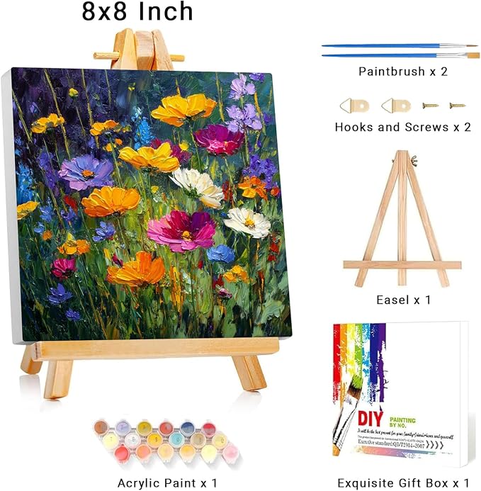 Framed Paint by Numbers Kit for Adults Beginner & Kids Ages 8-12 Flower Adult Paint by Number Kits on Canvas with Easel Floral Painting by Numbers for Adults with Frame DIY Painting Kits 8x8 Inch