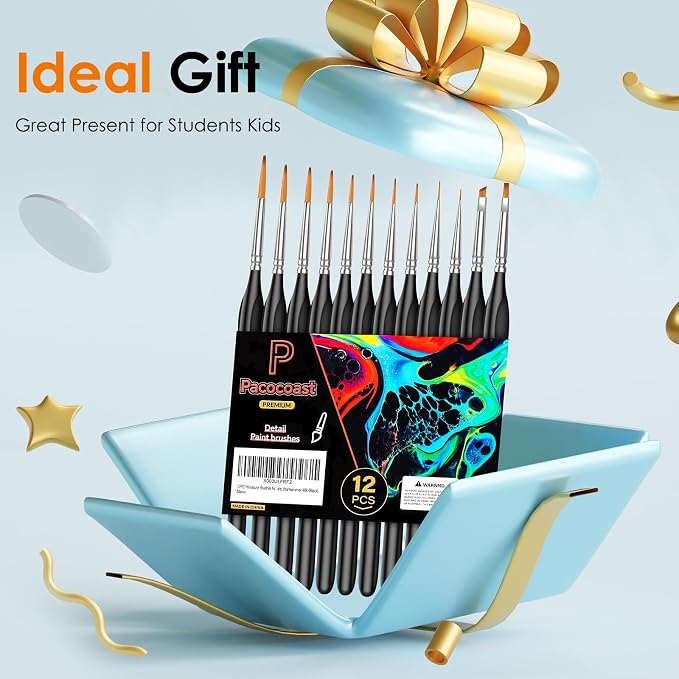 12Pcs Detail Paint Brushes Set for Miniature Fine Art Painting | Triangular handles for acrylic, watercolor & oil paints. Great for crafts, models, figurines, face paint & paint-by-number
