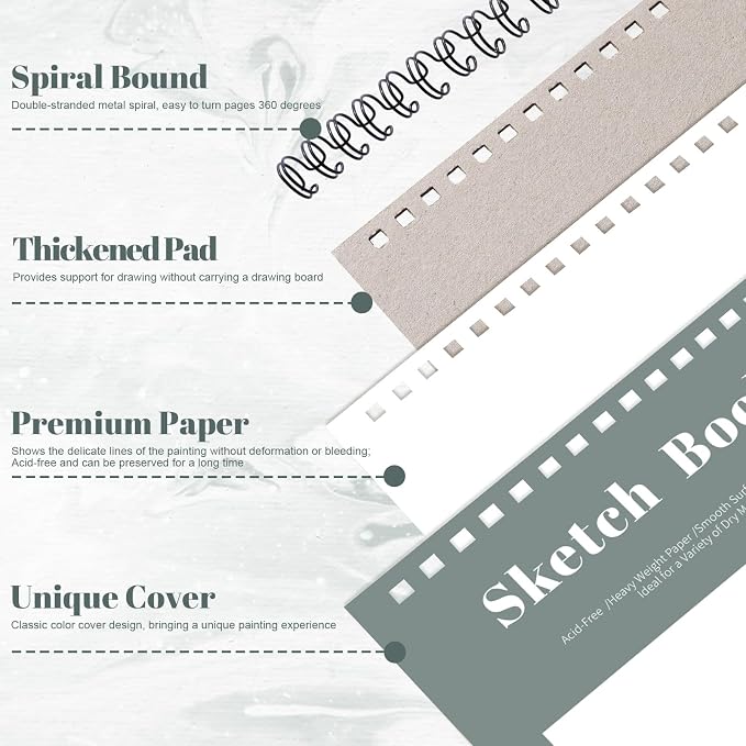 4 Pack Sketch Books 8.5 × 11 in, Top Spiral, 100gsm, Light Cyan | Acid-Free Paper, 30 Sheets Each, Hardcover with Rigid Back, Lay-Flat Top Spiral, for Sketching & Dry Media
