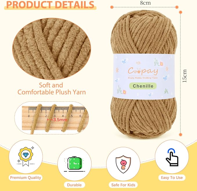 Coopay Chenille Yarn for Crochet, Medium Weight Yarn CYC #4, Brown | Crochet Yarn Set - 400g Total, Soft Velvet Yarn for Colorful Crafts, Blankets, Plush Dolls, Decorative Handmade Works