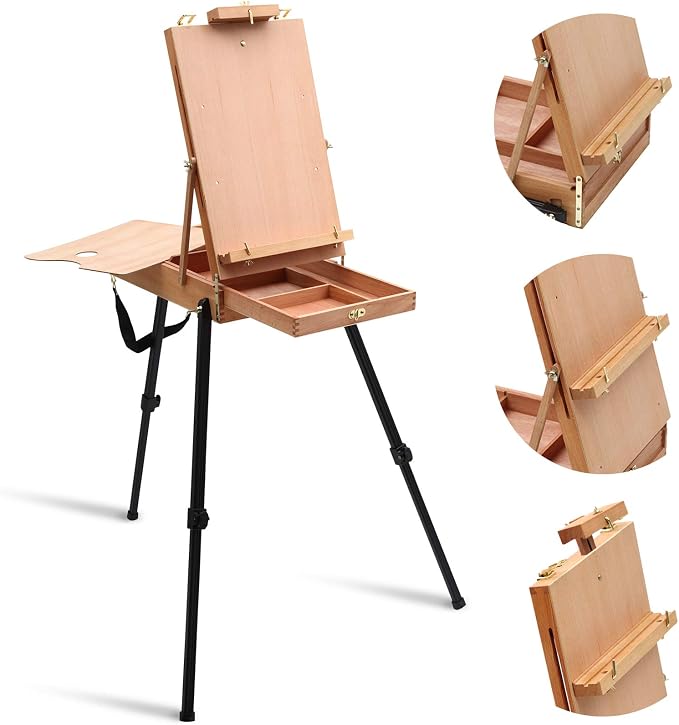 Falling in Art Light Weight French Style Field and Sketchbox Easel | Adjustable Beechwood Tripod standing easel with Aluminum Tripod, Drawer, Palette for Painting & Drawing