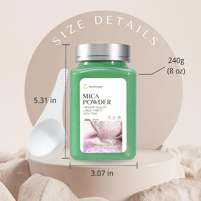 Mica Powder, Golden Green, 240g with Scoop, Complies with ASTM D-4236 | For Epoxy Resin, Soap, Bath Bomb, Candle| Safety Material| Odorless| Brilliant Colors