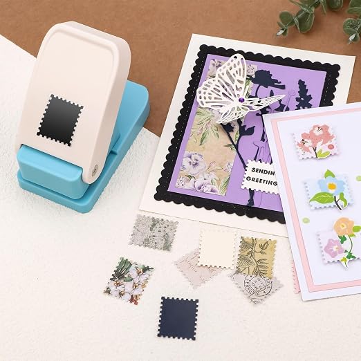 BAOFALI 3Pcs Stamp Puncher, 1X0.8inch Rectangular Postage Stamp Punch, Scalloped Rectangle Lever Action Paper Punches for Crafting Scrapbooking DIY Scrapbooking Journaling Card Making