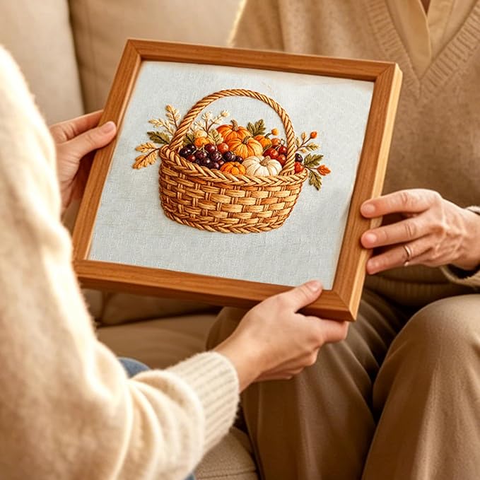 FONNUY Fall Embroidery Kit, Handmade Autumn Wreath Pre-Stamped Pattern for Beginners, Thanksgiving Harvest Home Decor, 8'' Hoop (Basket)