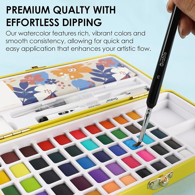 Grabie Set of 50 Color Premium Watercolor Paint Set with Detail Brushes | High Pigment Paints, Rich Color Mixing, Portable Travel Case, All-In-One Art Kit, Watercolor Painting
