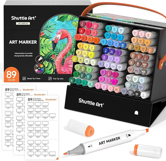 Shuttle Art 89 Colors Alcohol Markers, 88 Colors Dual Tip Art Marker Set Plus 1 Colorless Blender with Marker Case Perfect for Illustration Students Adult Coloring Sketching