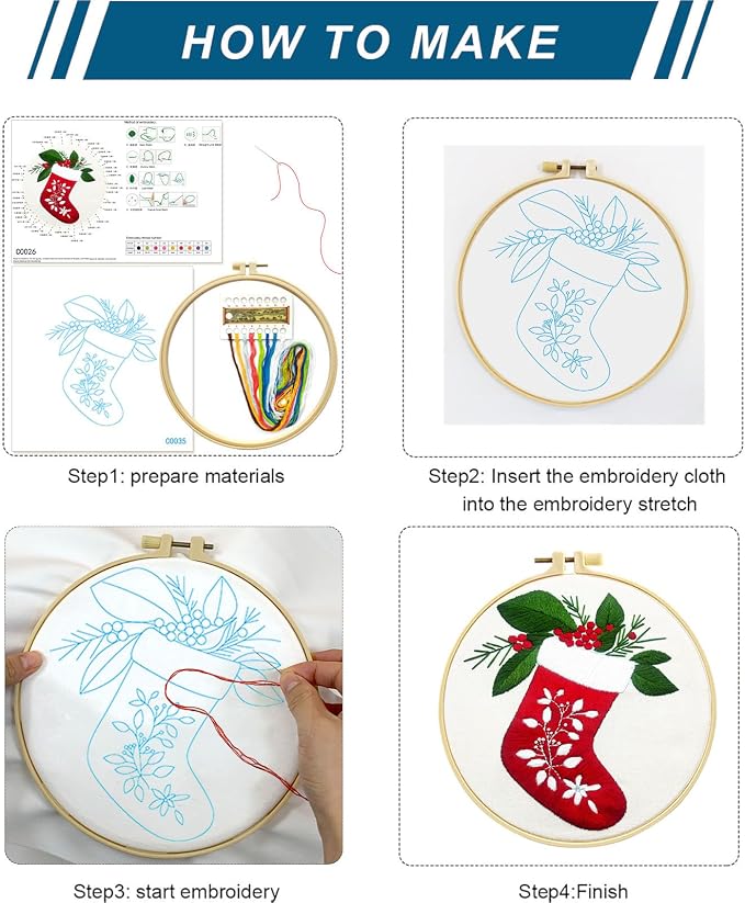 Zhenqing Christmas Stocking Embroidery Kit for Beginners, Red Stocking Needlework Kit with Pre-Printed Fabric, Hoop, Threads & Tools (C0035)
