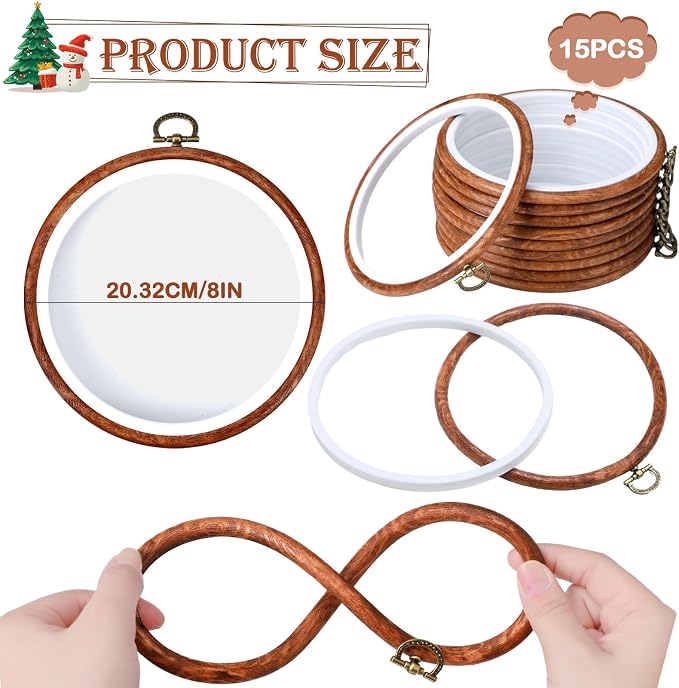 Burbell 15 Pcs 8 Inch Round Embroidery Hoops Frame Circle Spring Rubber Hoops Ring Display Cross Stitch Ornament Imitated Wood Frame Kits for Spring Gifts Mother's Day Craft Sewing DIY Hanging Gifts