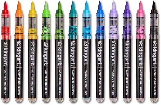 KINGART Acrylic Paint Markers Brush Tip, 12 Vibrant Colors. Water-based, no-bleed, waterproof pens with automatic ink control for rock, egg, wood, fabric, glass & DIY crafts