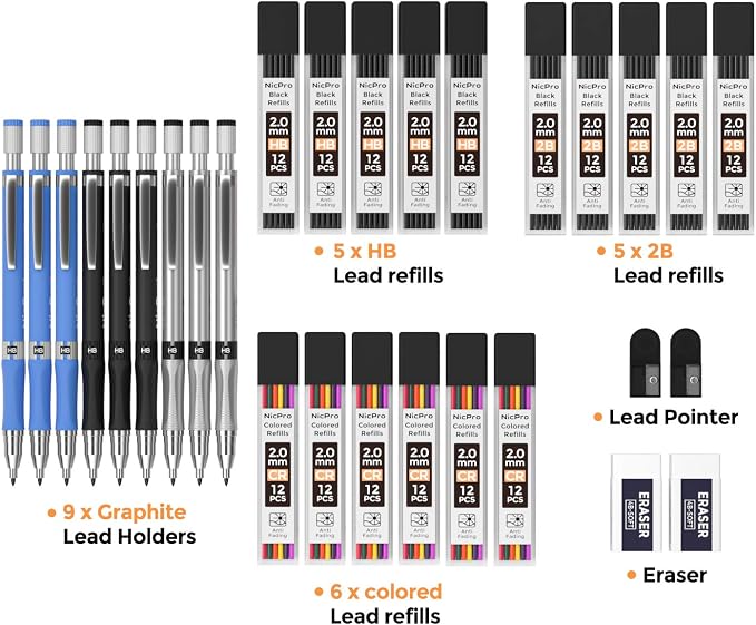 Nicpro 29 Pieces 2mm Mechanical Pencil Set 9 PCS Drafting Carpenter Pencils