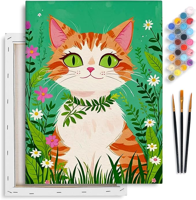 Yezavesu Orange Cat Framed Paint by Numbers Kit for Adults Beginner | With Frame Canvas 12x16 Inch, DIY Acrylic Painting by Numbers Cat, Stress Relief Craft Kits, Home Wall Decor Gift