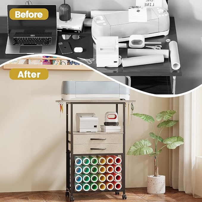 VENNQD Organizer and Storage Stand Compatible with Cricut Machines,Rolling Storage Cart/Shelf with 24 Vinyl Roll Holders，2 Fabric Drawer,Accessories Holder,Tool Hook for Craft Room Home (Greige)