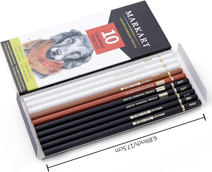 MARKART 10 Pack Professional Charcoal Pencils for Drawing | Black & White Charcoal Pencils for Sketching, Shading, Blending, Portrait, Pastel Chalk Pencils for Beginners & Artists