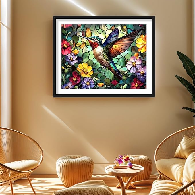 PINFFSHU Hummingbird Diamond Art Paintings Flowers 5D Diamond Painting Kits for Adults DIY Stained Glass Diamond Art Kits Full Drill Gem Art Crafts for Adults Bird Wall Art Decor Gift 16x12 Inch