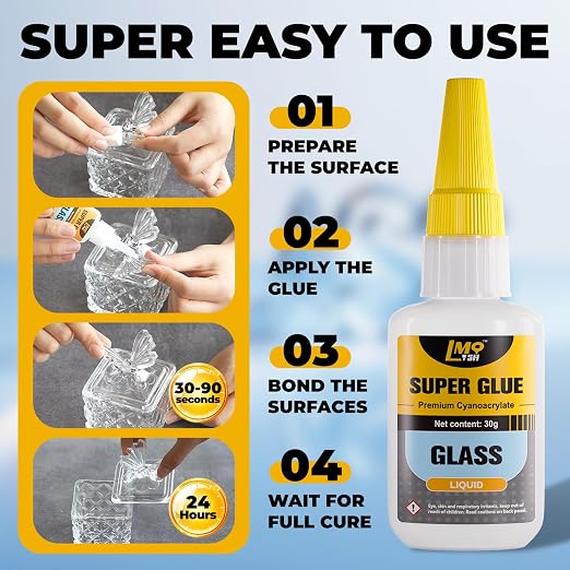 Glass Super Glue Clear 30 Gram, Thin Superglue Repair Crafts Acrylic Plexiglass Glasses Bowls Heavy Duty, All Purpose Instant Waterproof Cyanoacrylate Adhesive Bonding Between Glass and Others