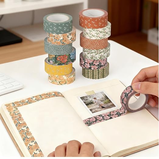 12 Rolls Floral Washi Tape Set,Warm Tones,Botanic | Watercolor Flowers Design for Scrapbook Journal DIY Craft School Supplies, 15 mm Vintage Decorative Masking Washi Tapes