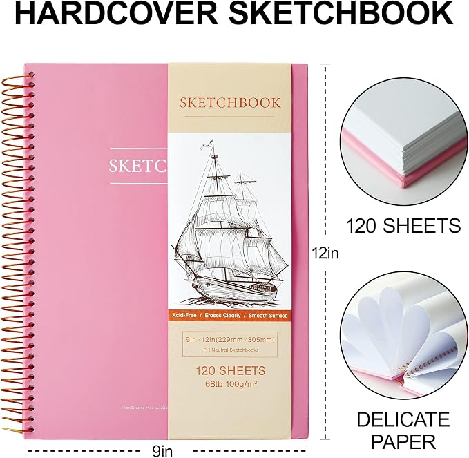 Yoment 9"x12" Hardcover Sketchbook for Drawing，120 Sheets，100GSM | Pink,Spiral Bound Sketch Pad Premium Art Sketchbook Artistic Drawing Paper Pad for Kids Adults Beginners Artists