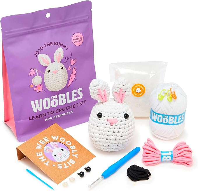 The Woobles Crochet Kit for Beginners (JoJo the Bunny) | As seen on Shark Tank, Kit includes: Easy Peasy Yarn, pre-started piece, hook, safety eyes, stuffing, video tutorials